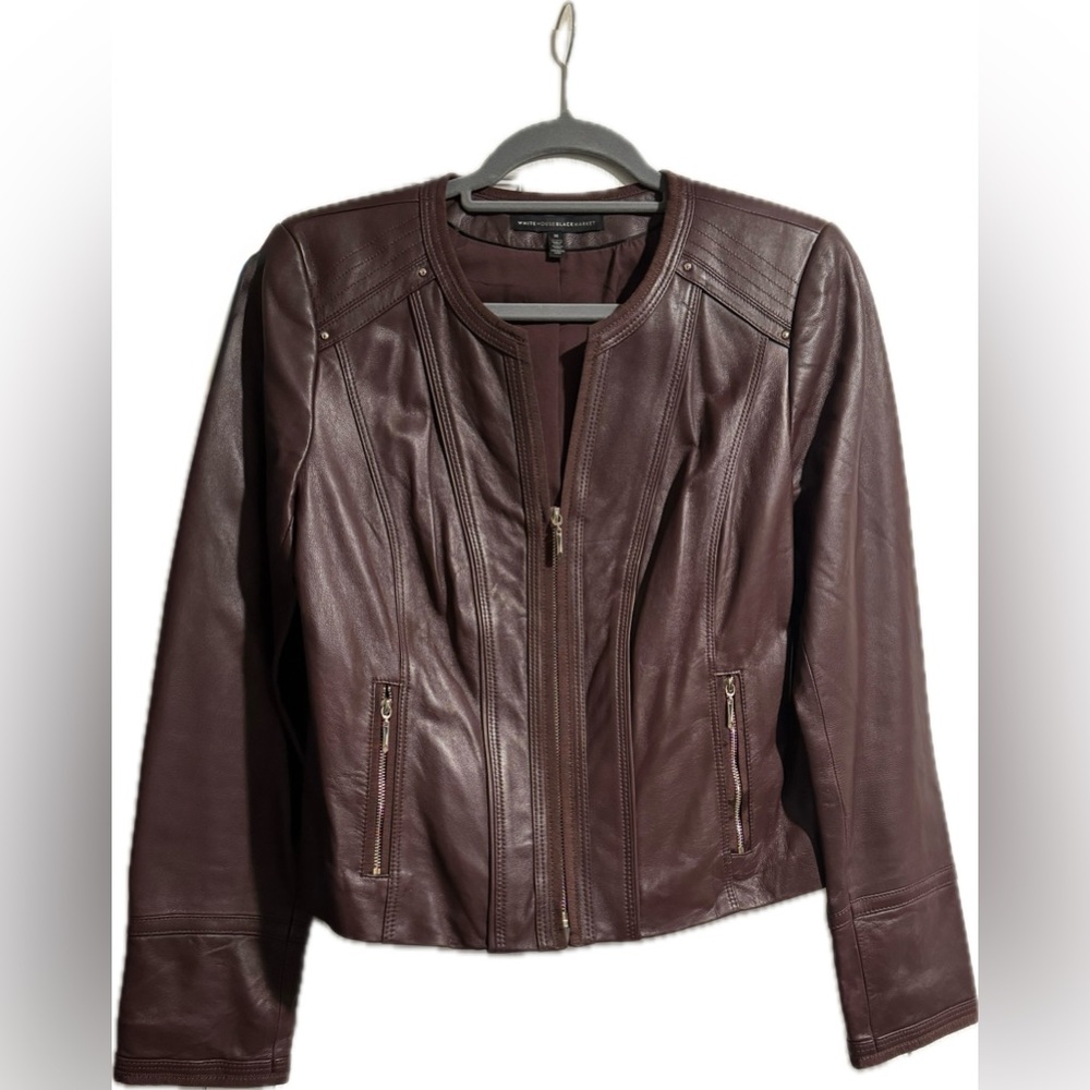 White House Black Market Genuine Leather Jacket - Burgundy/Brown, Size M